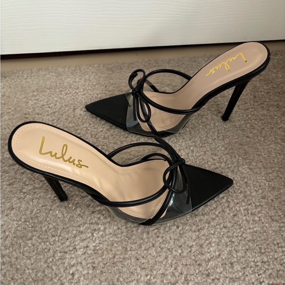 NWOT Lulus Haxy Black Vinyl Pointed-Toe Bow High Heel Sandals - Picture 10 of 14